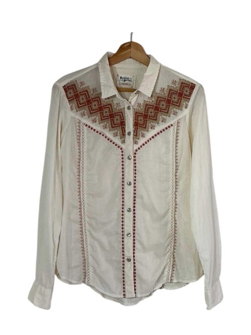 HOLDING HORSES Cream Button-Down Blouse with Rust Embroidery - Picture 3 of 7